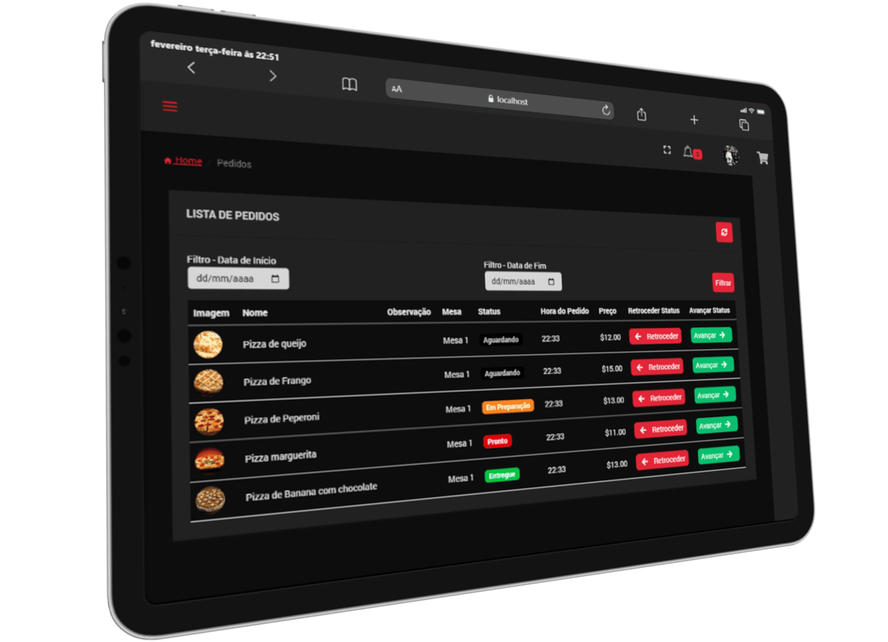 Cozinha a receber pedidos